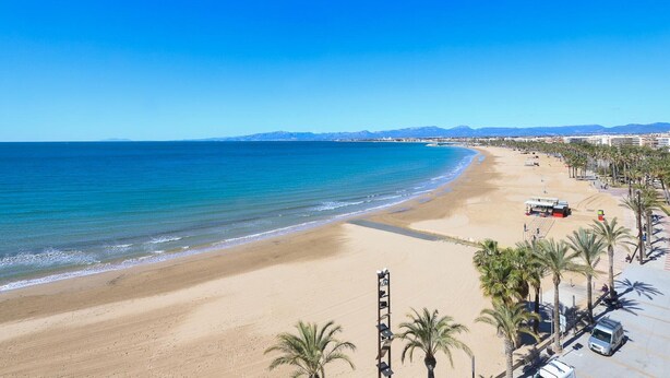 A beach with a clear view of the ocean, palm trees, and a parking area with vehicles. - Modern Apartment in Salou with Sea View (Salou)