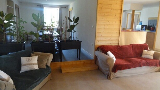 Un salón con un sofá verde oscuro, un sofá rojo y una mesa de centro de madera. Al fondo, se observa un comedor con una mesa y sillas.