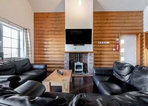 Ein Holzblockhaus-Interieur mit Kamin, Ledersofas, einem Fernseher und einem Fenster.