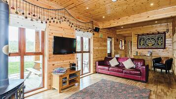 Flat-screen TV, fireplace