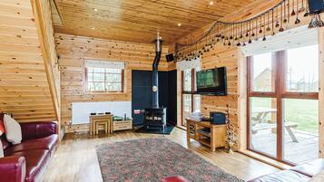 Flat-screen TV, fireplace