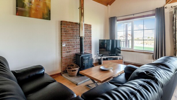 A living room with a fireplace, a television, and a sofa. - Outstanding, spacious and contemporary two storey lodge. (Hornsea)