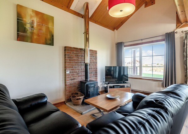 Un salón con chimenea, televisor y sofá.