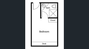Cozy retreat with a central bed, closet, and workspace.