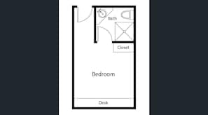Cozy retreat with a central bed, closet, and workspace.