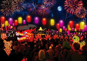 Experience the magic of a spectacular fireworks display in a lively atmosphere.