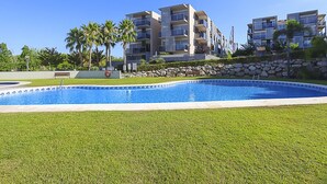 En swimmingpool omgivet af velplejet græs, med en stenvæg og et palmetræ i baggrunden.