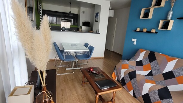 A modern living room with a sofa, coffee table, and a dining area with chairs.