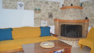 TV, caminetto, libri