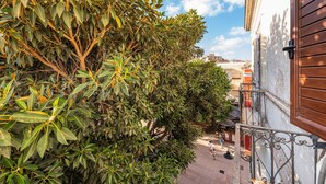 Un cortile con vegetazione lussureggiante, un edificio bianco con un balcone e un cielo sereno.
