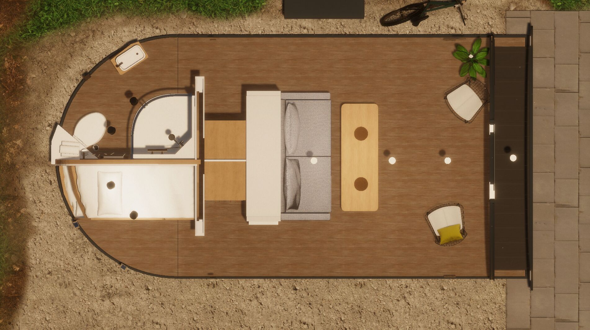 A top-down view of a compact RV with a kitchen area, a sleeping area, and a small bathroom.