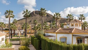 Zona residencial con casas, palmeras y una montaña al fondo.