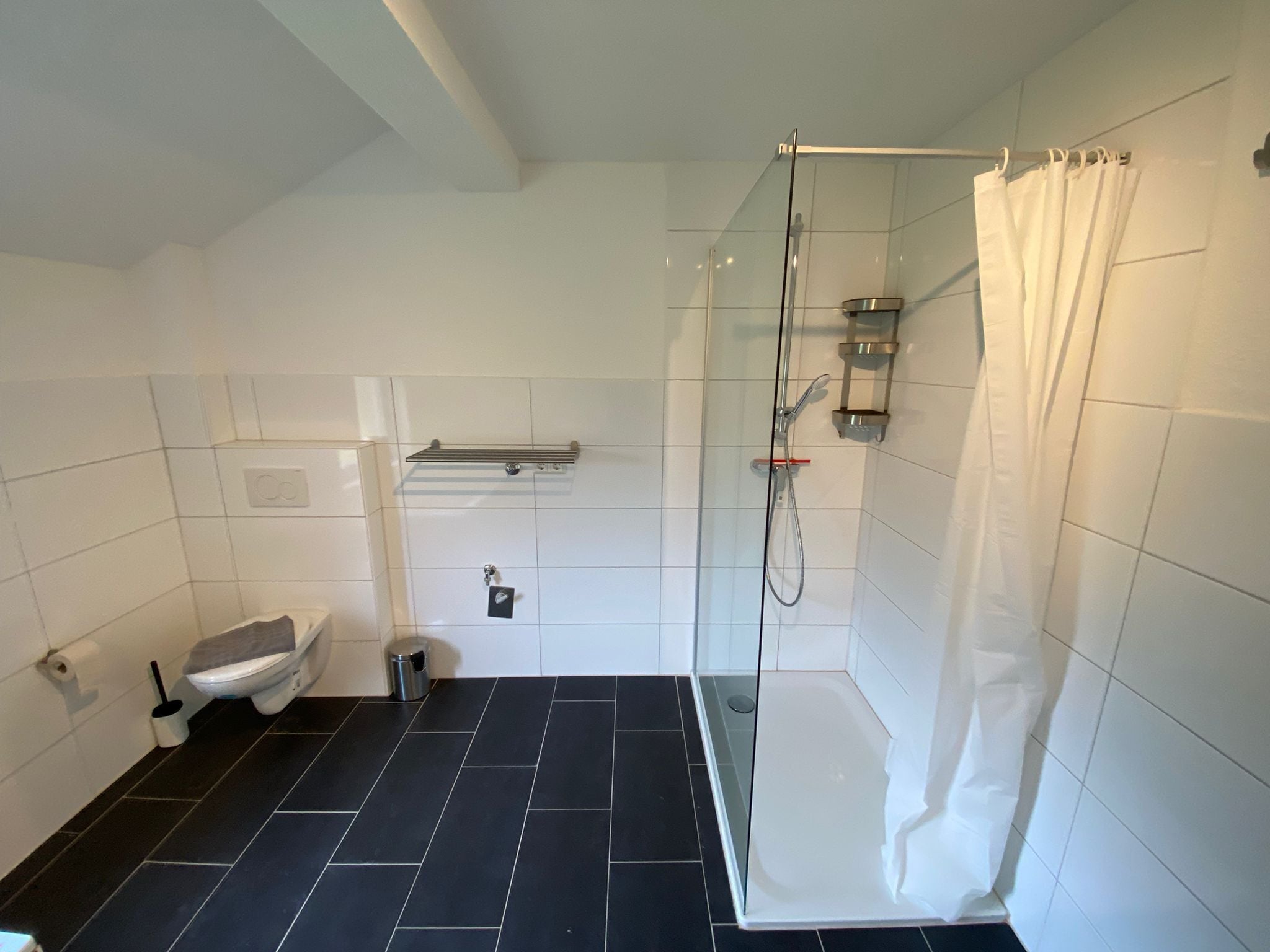 Un baño moderno con ducha envuelta en vidrio, inodoro y lavamanos.