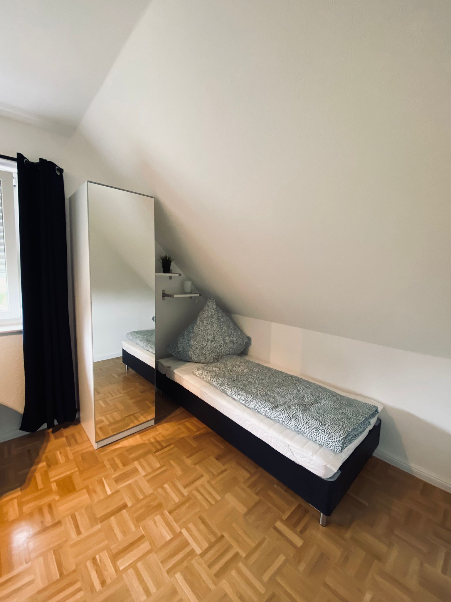 A small, modern bedroom with a loft bed, a mirror, and a small shelf with plants.