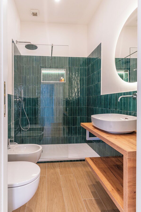 Een douche, een haardroger, een bidet, handdoeken
