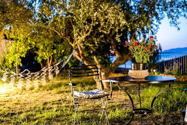 A garden setting with a metal chair, a round table, and a potted plant with red flowers.