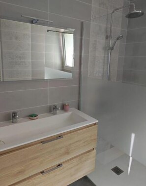Shower, hair dryer, soap, toilet paper