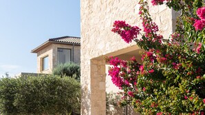 Un bâtiment en pierre doté d’un balcon, entouré de différentes plantes et fleurs en pot.