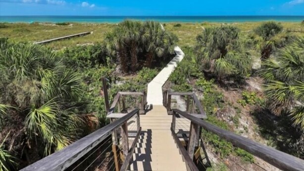 A wooden boardwalk leading to a beach with clear skies. - Welcome to THE HIVE. A hub for peace and relaxation. DIRECT GULF views (Placida)