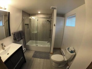 Hair dryer, towels, toilet paper