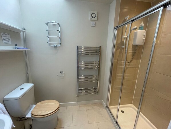 A modern bathroom with a toilet, a shower with a glass door, and a towel rack. - Beautiful 2BR Converted Mill - Idyllic Location - Pass the Keys (Dumfries)