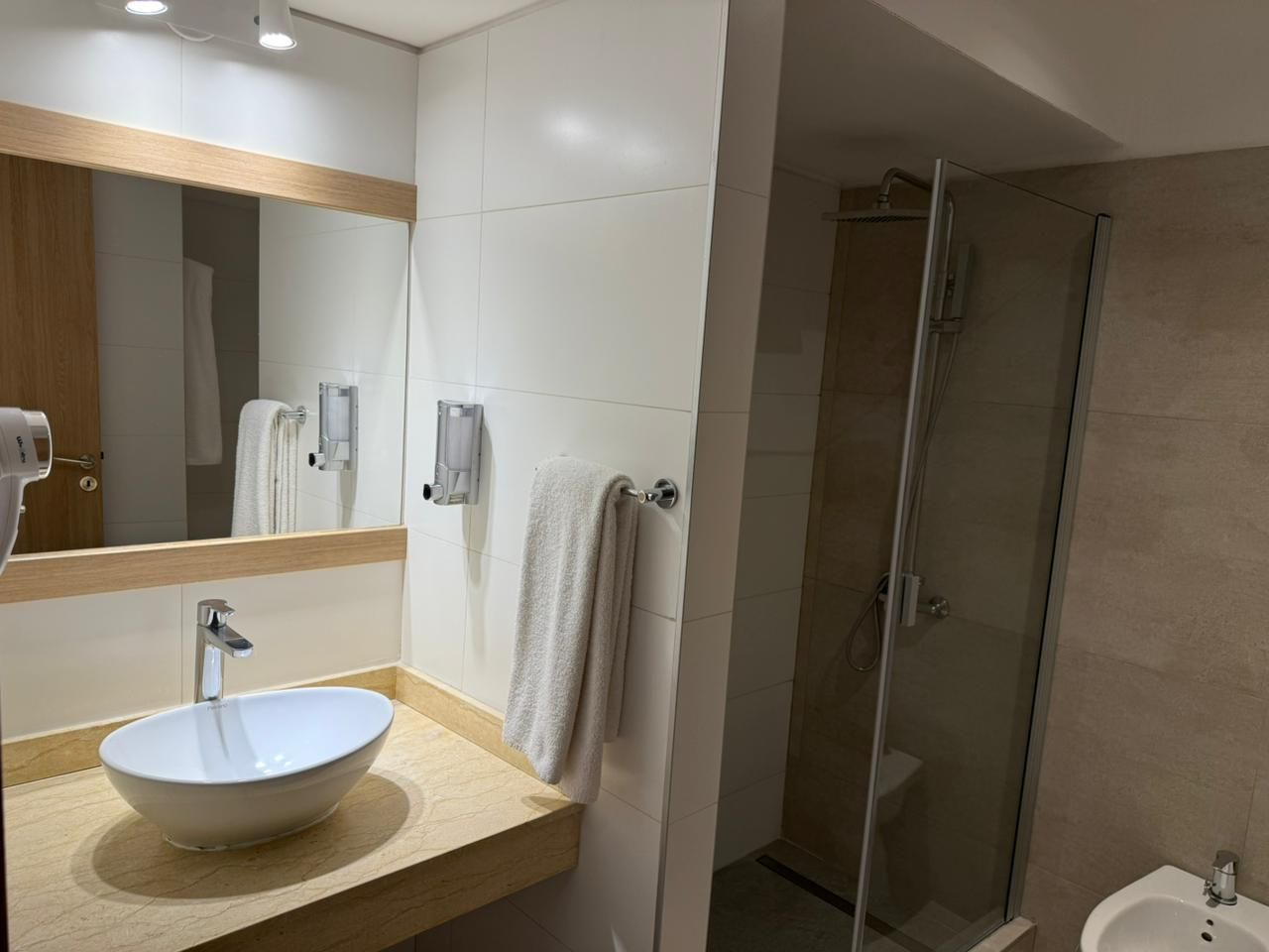 Un baño moderno con un espejo grande, un lavabo, una ducha con mampara de vidrio y un lavamanos independiente.