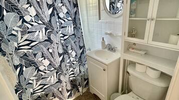 Tina, secadora de cabello, jabón, papel de baño