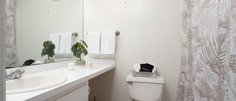 Een badkamer met een witte wastafel, toilet, spiegel en douchegordijn.