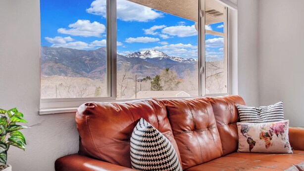 A leather sofa with patterned cushions, a potted plant, and a window with a mountain view.