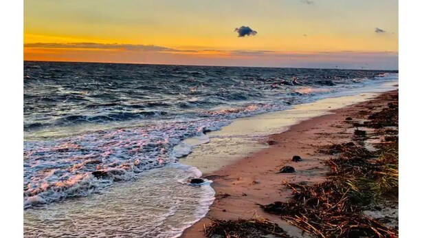A beach with waves crashing onto the shore and a sunset in the background. - Cozy Pet-Friendly Beach Cottage 2 Blocks from the Bay (Lower Township)
