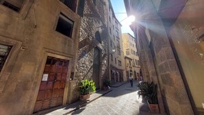 Uma rua estreita com edifícios de pedra, uma porta de madeira e vasos com plantas.
