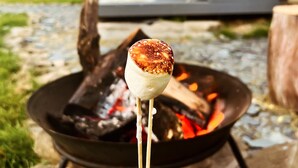 A marshmallow on a stick over a campfire. - Kinelarty Luxury Glamping Pods (Downpatrick)