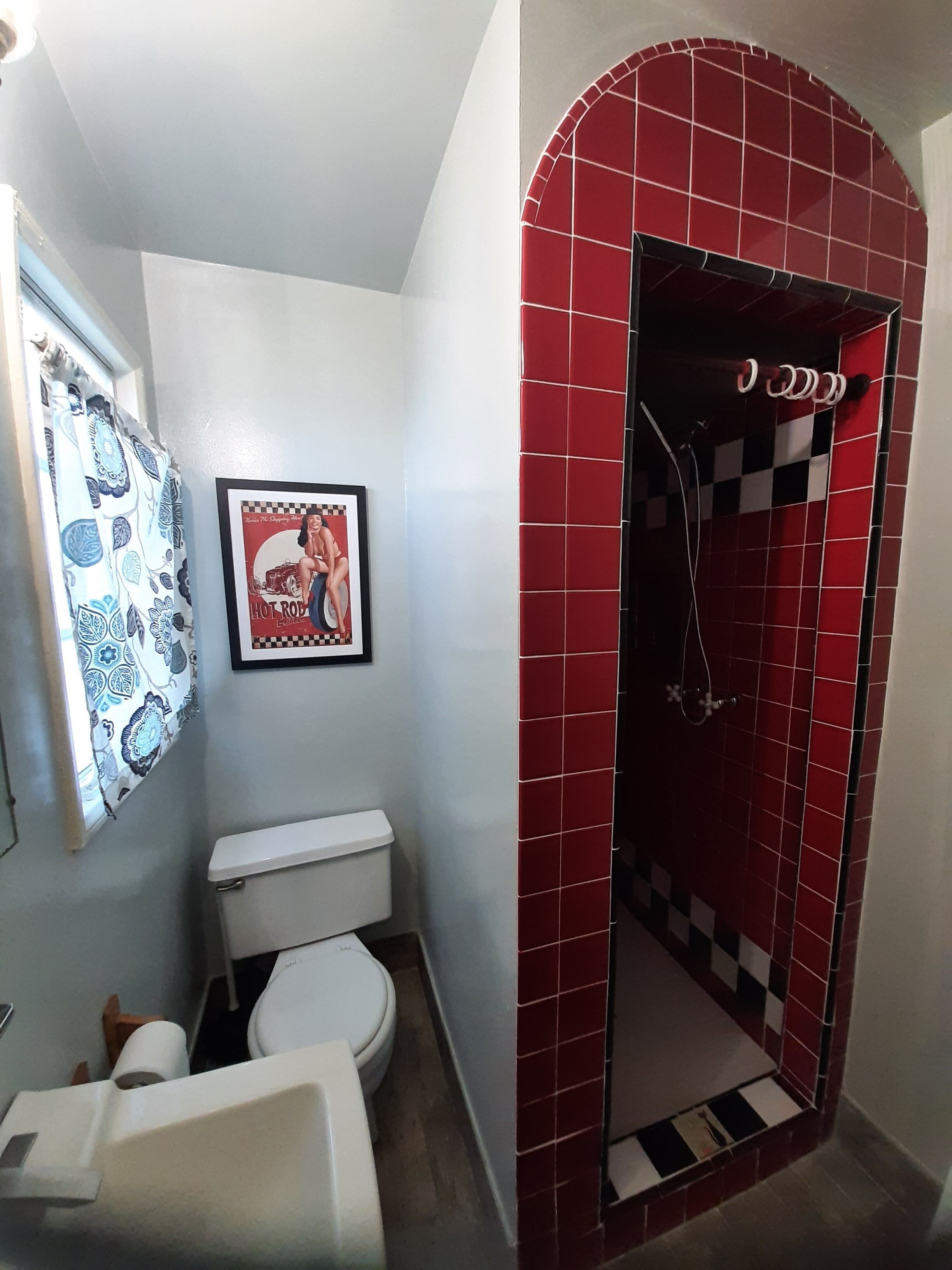 A bathroom with a toilet, a shower with red tiles, and a framed picture on the wall.