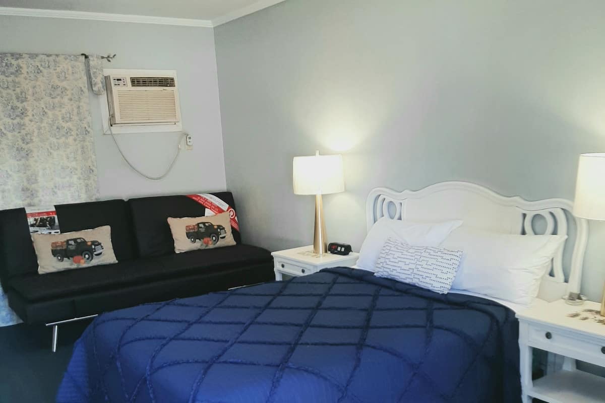 A bedroom with a bed, a nightstand, a lamp, a wall-mounted air conditioner, and a floral-patterned rug.