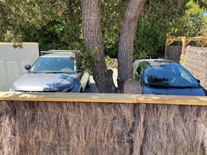 A parking area with two cars parked next to a tree.