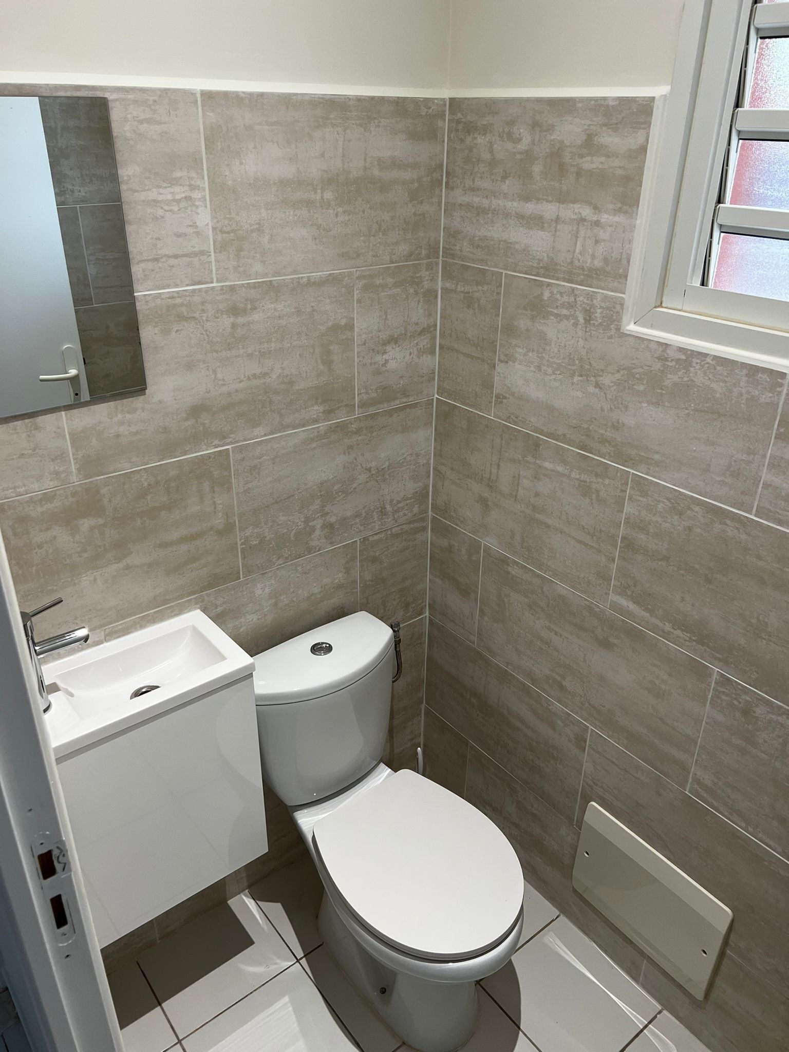 A small bathroom with a toilet, sink, and mirror.