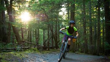 Una persona andando en bicicleta de montaña por un sendero forestal.