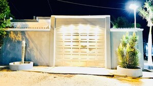 A gated entrance with a garage door, surrounded by a low wall and two potted plants.