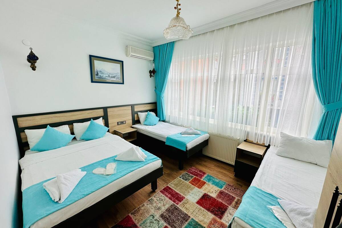 A hotel room with two beds, a colorful rug, a framed picture on the wall, and a window with curtains.