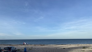 Een strand met een heldere lucht, een rustige zee en enkele mensen in de verte.