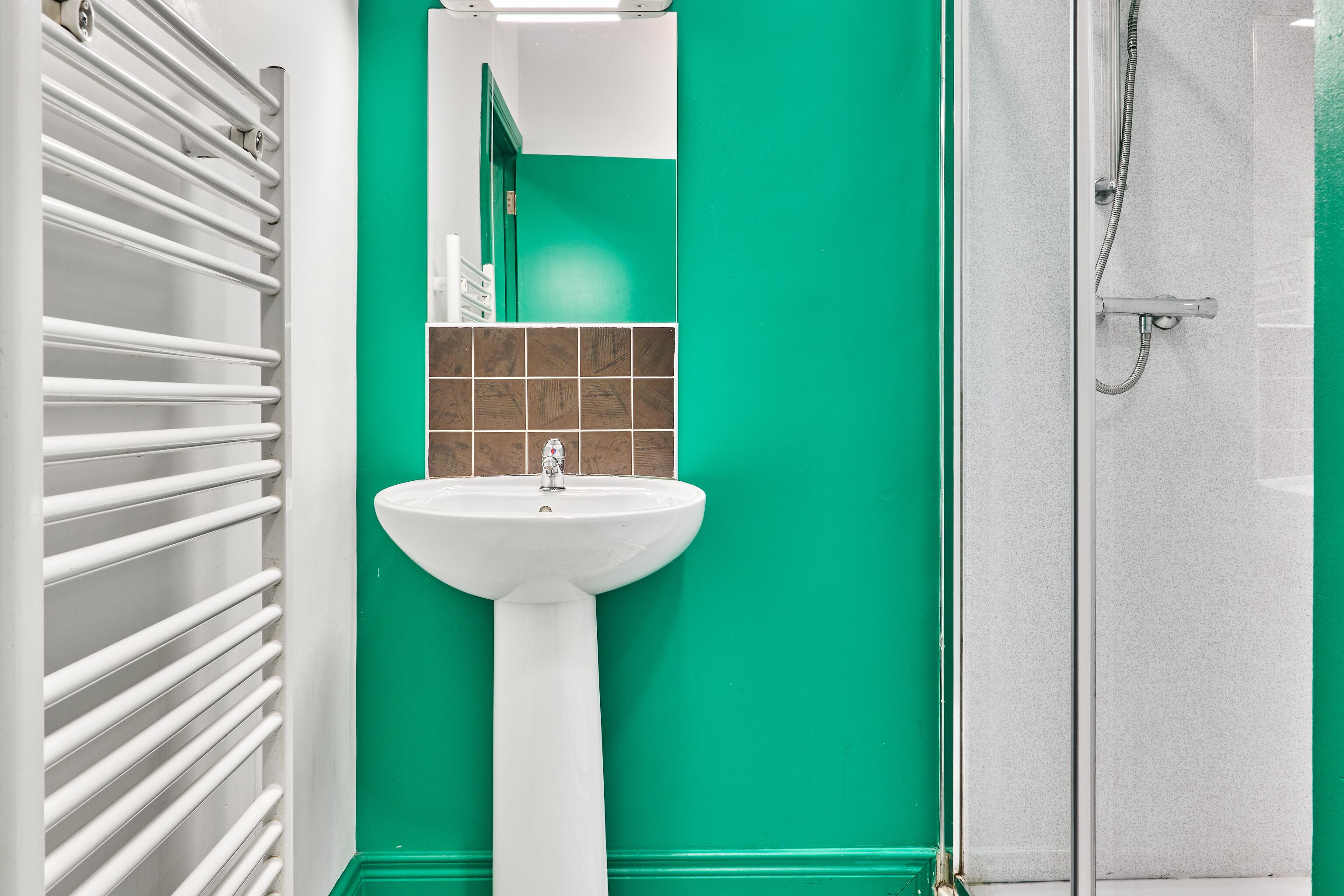 A bathroom with a white sink, green walls, and a shower area.