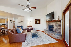 Televisión, chimenea y libros 