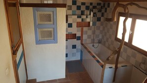 Bathtub, hair dryer, toilet paper