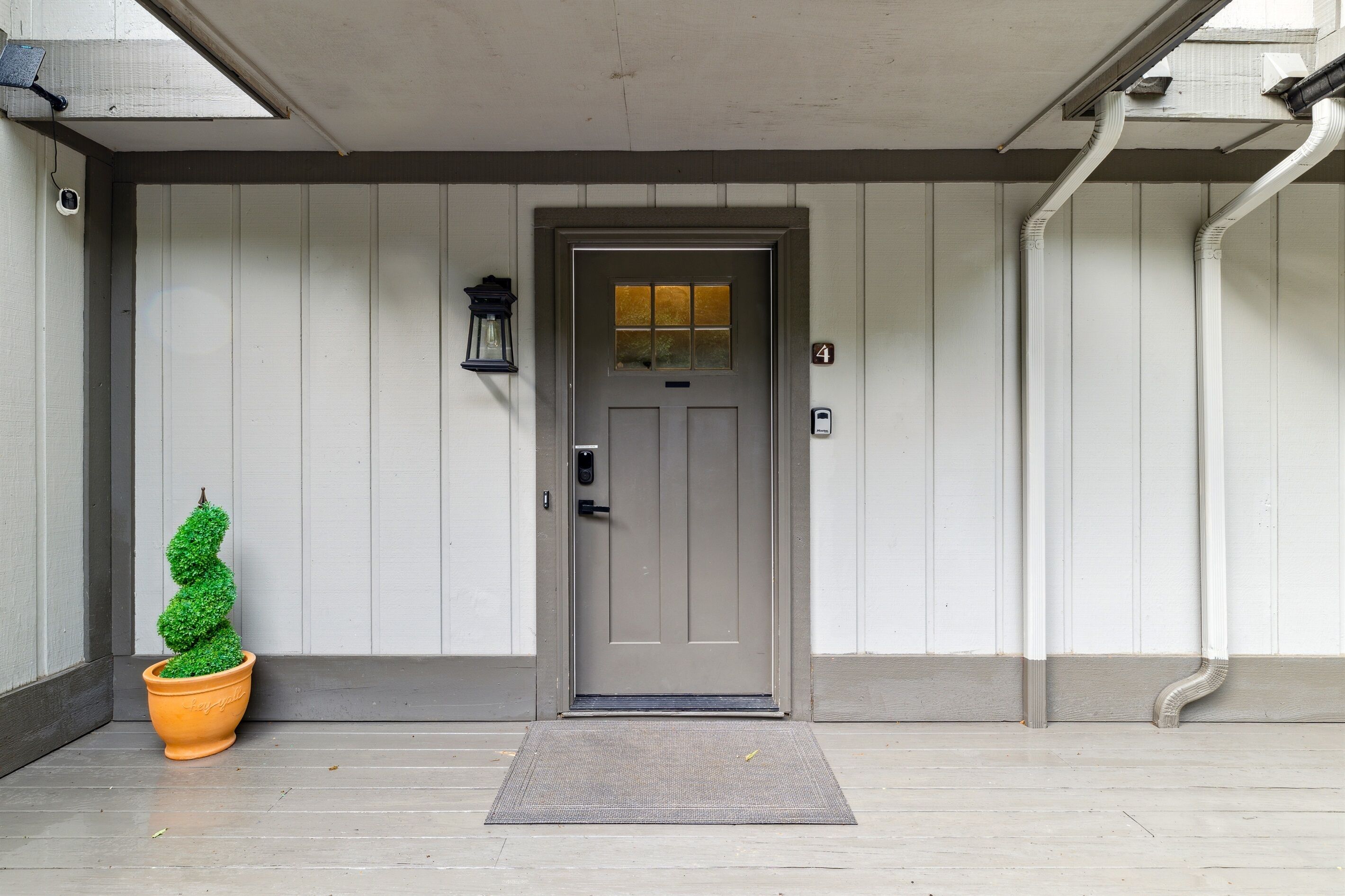 A front door with a mailbox, a potted plant, and a doormat.