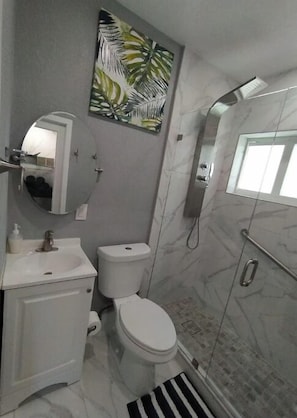 Shower, hair dryer, towels, soap
