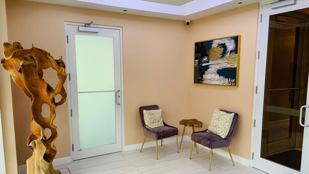 A modern interior with a glass door, two purple armchairs, a wooden sculpture, and a painting on the wall. - The New View Inn (Road Town)