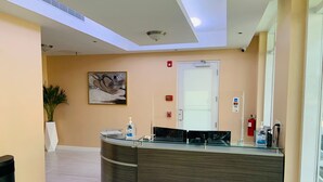 A reception area with a curved reception desk, a large mirror, a painting on the wall, and a potted plant. - The New View Inn (Road Town)