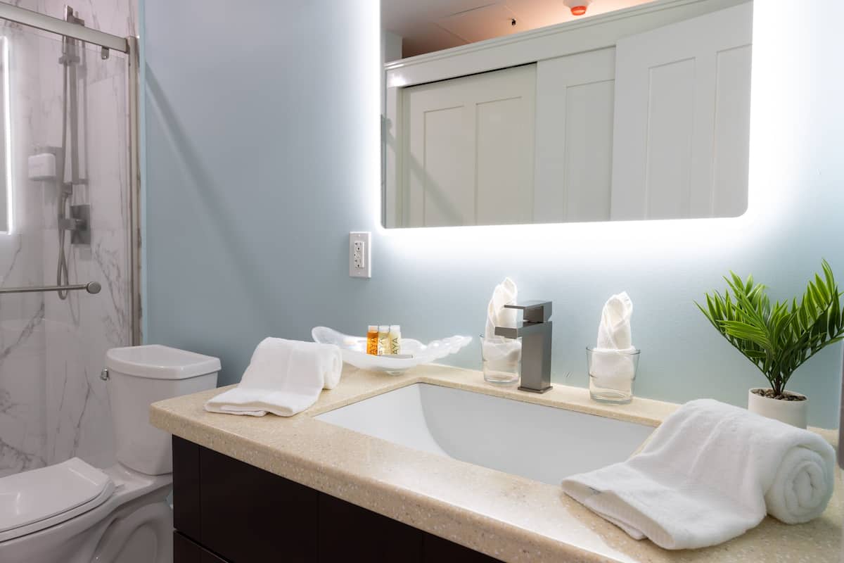 standard single room | bathroom | shower, hair dryer, towels