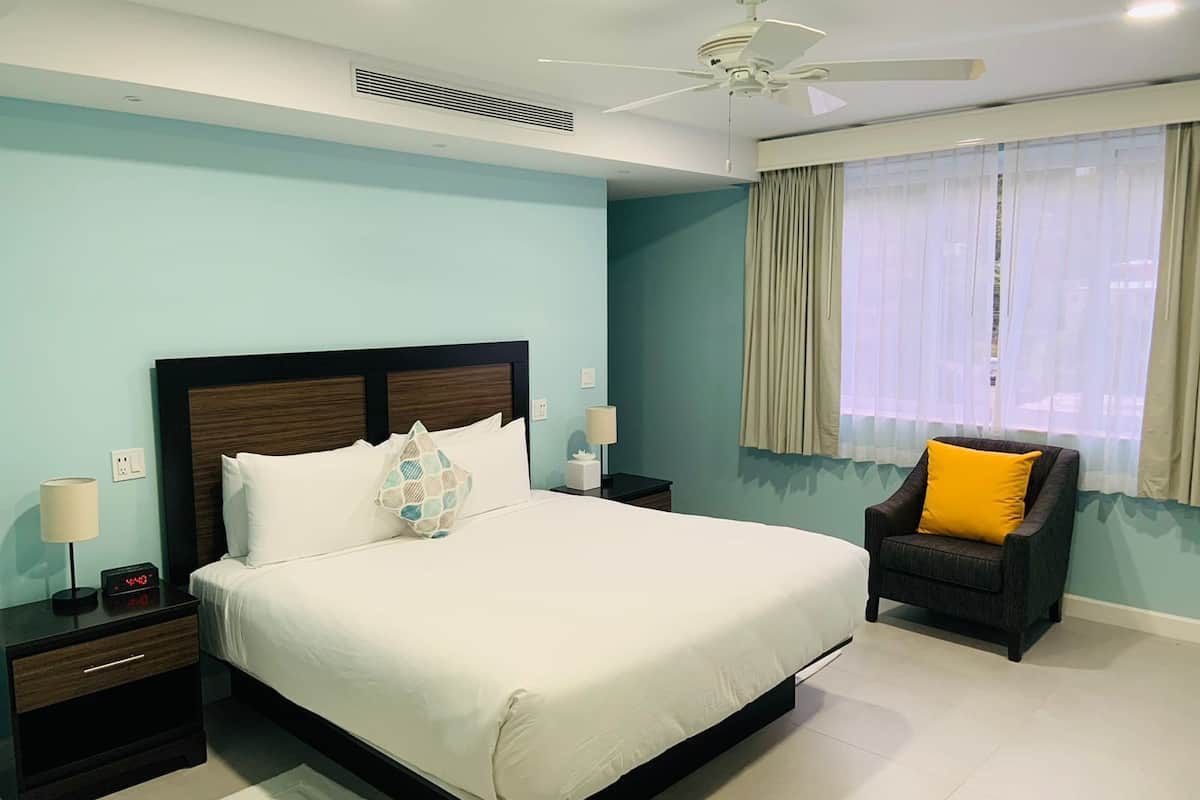 desk, laptop workspace, blackout curtains, iron/ironing board