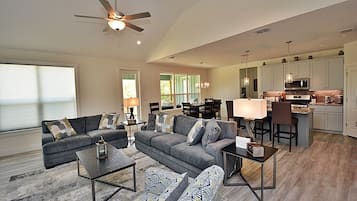 Smart TV, chimenea, libros